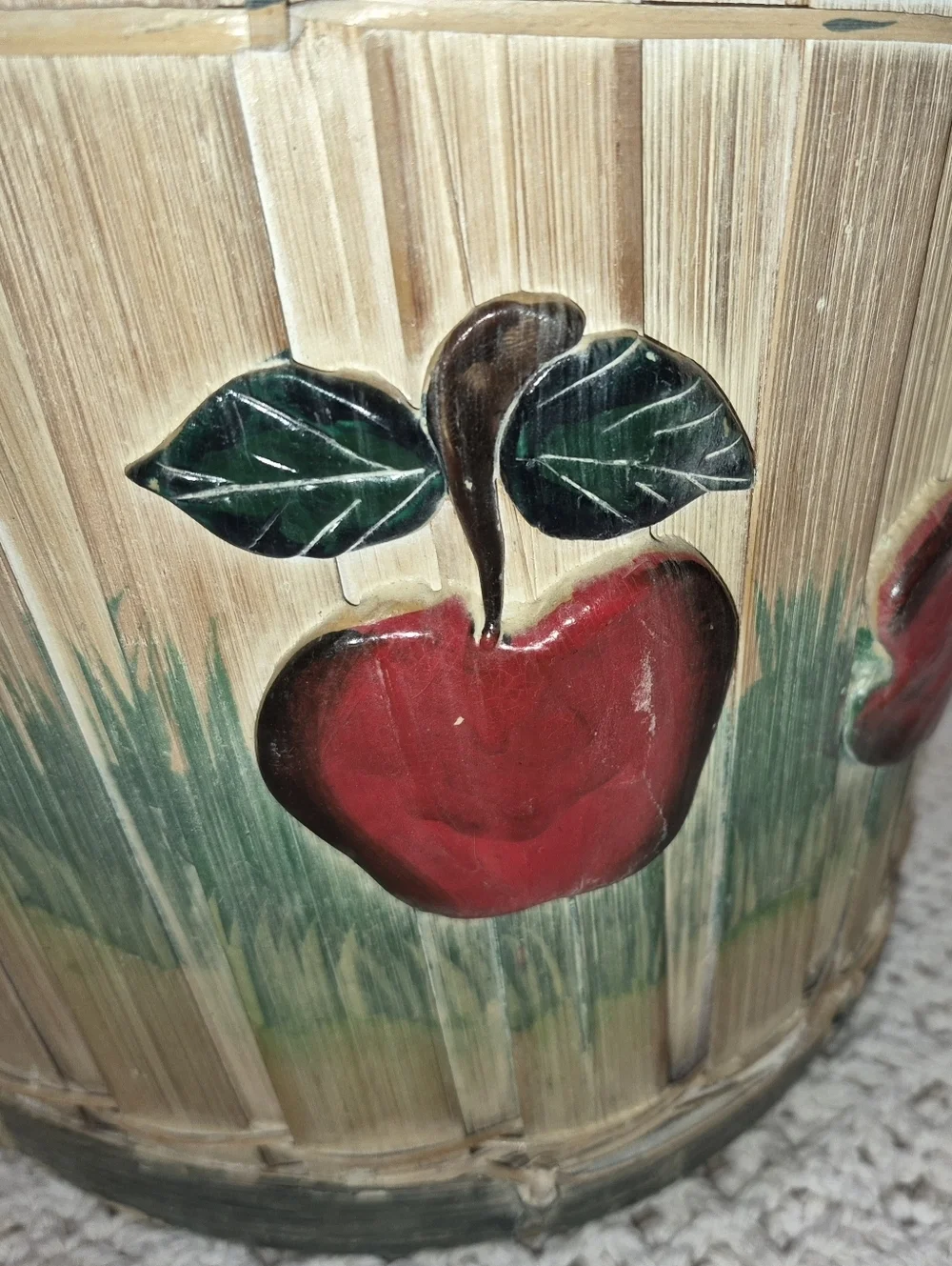 Vintage Wicker Basket featuring a hand-painted red apple motif and green accents